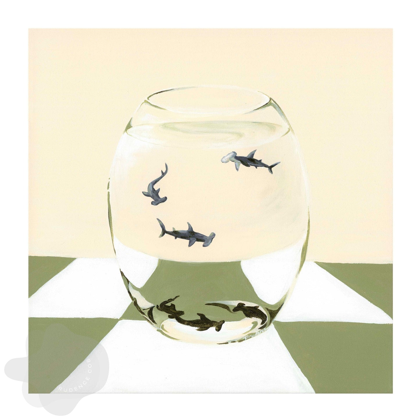 'Behind Glass (Hammerheads, Green Checks)' Art Print